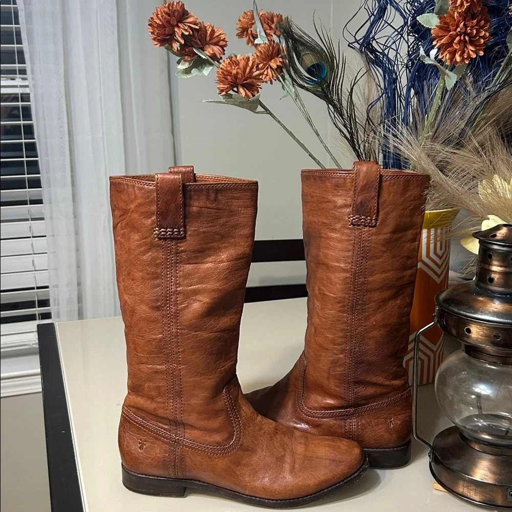 Frye Women's Cognac Leather Heeled Boots - Picture 3 of 6